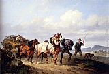 Wouter Verschuur Horses Pulling A Hay Wagon In A Landscape painting